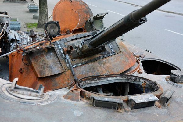 KYIV, UKRAINE - MAY 02, 2022: Tower a destroyed Russian tank, it was destroyed by the Ukrainian military in the Kiev region. Russia invaded Ukraine on February 24, 2022