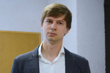 KYIV, UKRAINE - August  04, 2022: Dmytro Zavhorodniy, director of the Digital Transformation Directorate of the Ministry of Education and Science of Ukraine during the test of the connection to the high-speed Internet of one of the schools in the cit