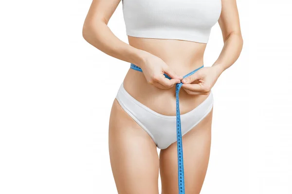 Pérdida Peso Hermosa Cintura Femenina Concepto Dieta Mujer Midiendo Cintura — Foto de Stock