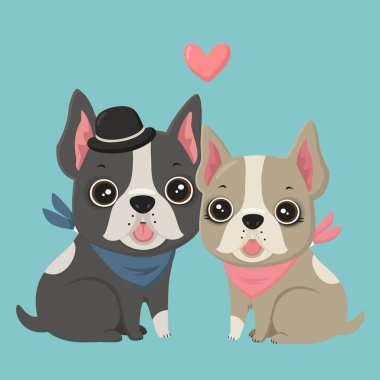 Vektör romantik ikon köpekleri Fransız Bulldog 'u yetiştirir. İmaj Köpekleri çizgi filme bayılır. Görüntü: Fransız Bulldog bej ve siyah