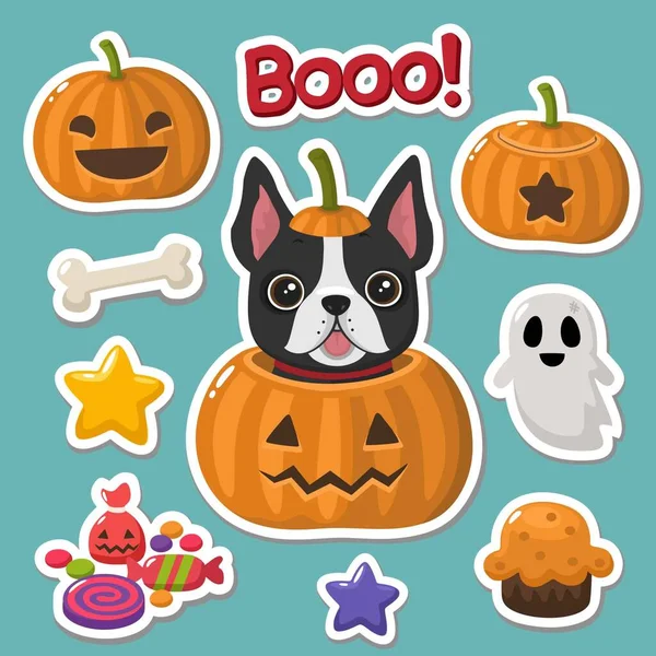 Vector Set Halloween Icons Stickers Picture Dog French Bulldog Pumpkin — Stock Vector
