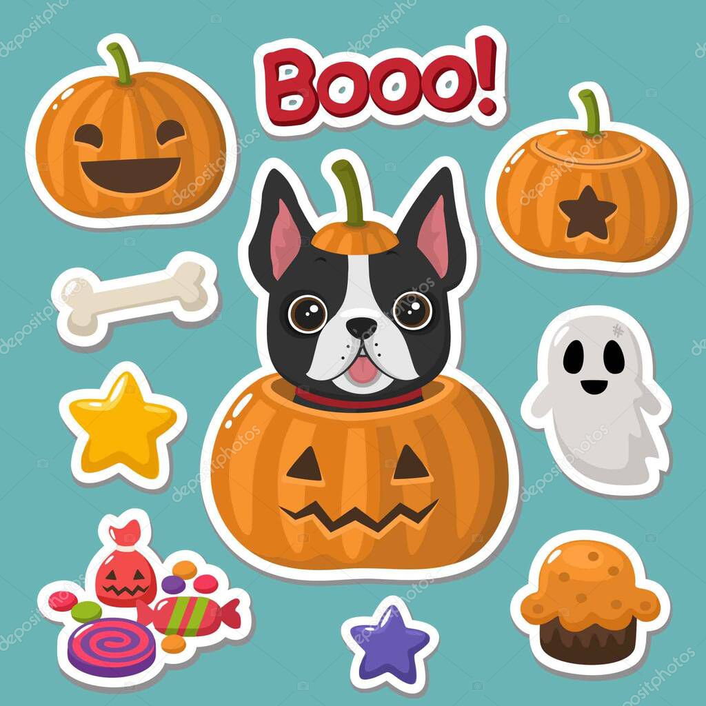 Vector set of Halloween icons stickers. In the picture the dog  French bulldog in a pumpkin, a pumpkin with a smile, a pumpkin with evil face, candy, bones, ghost, stars, pumpkin pie 