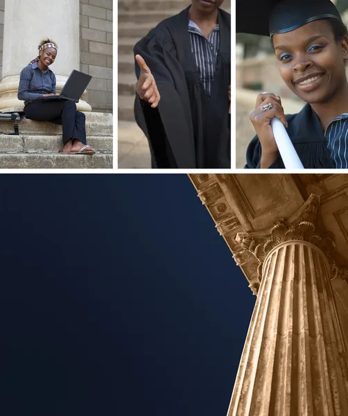 Educação ou colunas judiciais com colagem de pós-graduação universitária — Fotografia de Stock