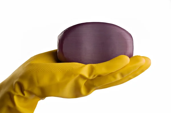 Yellow gloves and soap — Stock Photo, Image