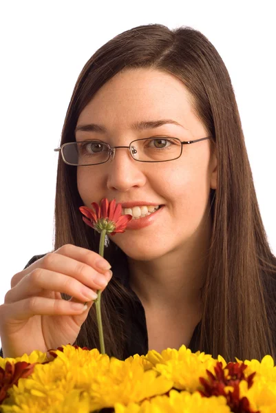 Secretary, assistant or student woman smelling flowers — Stock Photo, Image