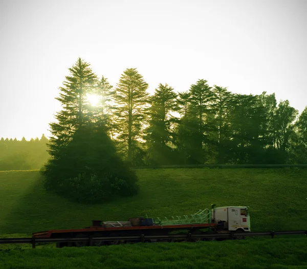 Truck delivery with sun and trees — Stock Photo, Image