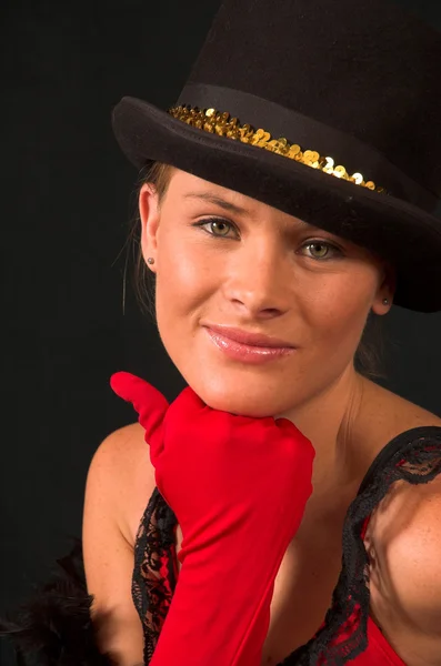 Model with hat and red gloves — Stock Photo, Image