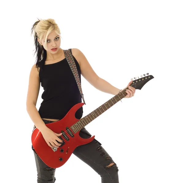 Mujer con guitarra roja — Foto de Stock