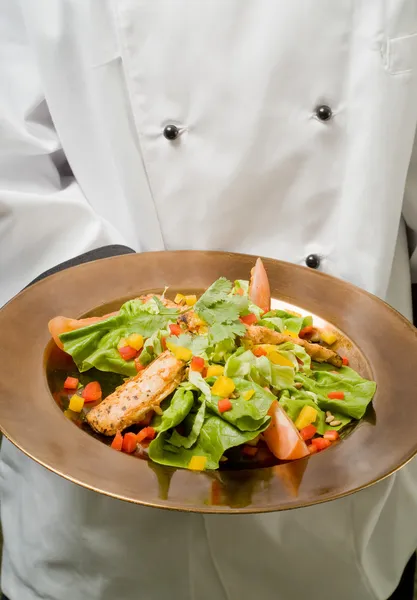 Chef Presenting Healthy Chicken Salad — Stock Photo, Image