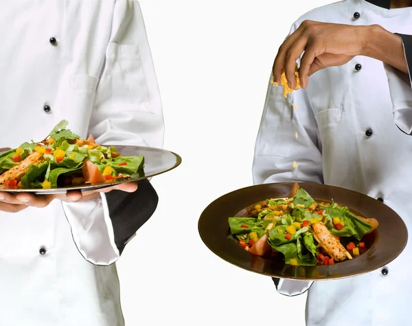 Collage combination of chef sprinking cheese on salad — Stock Photo, Image