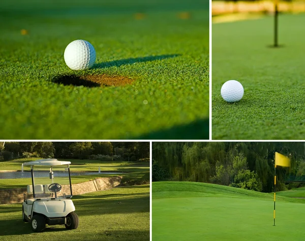 Golf, golfový míček, zelené a golf košíku koláž kombinace — Stock fotografie