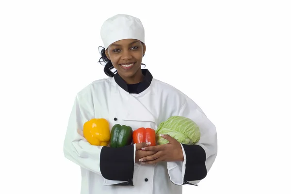 Chef, cabbage and peppers — Stock Photo, Image