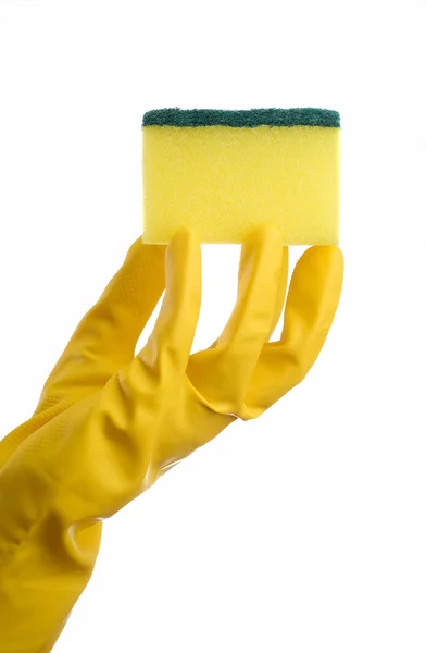 Yellow cleaing sponge and hand — Stock Photo, Image