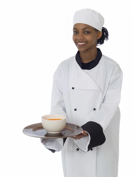 Chef serving soup — Stock Photo, Image