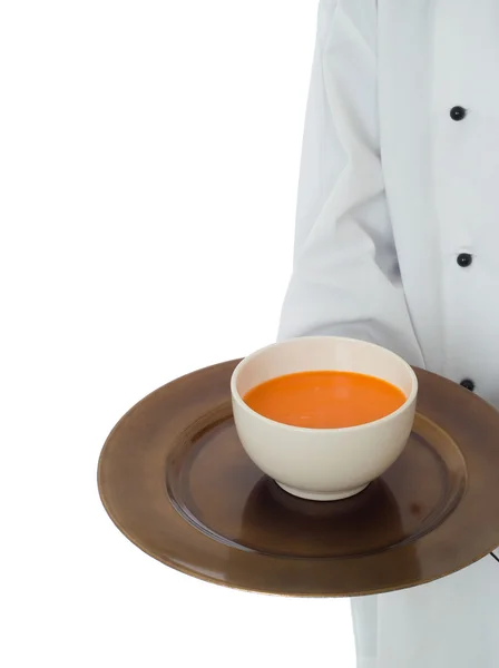 Chef-kok serveert soep — Stockfoto
