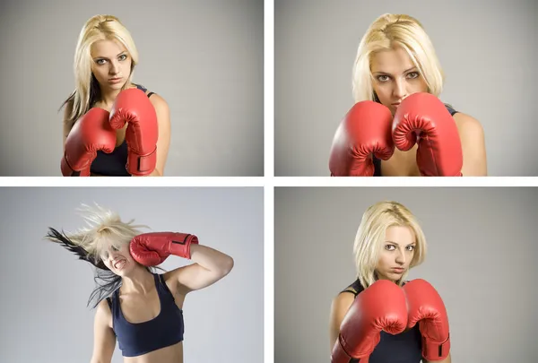 Collage combinación de boxeador mujer con guantes rojos — Foto de Stock