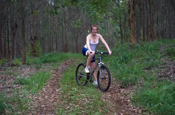 Active girl woman in forest with mountain bike — Stock Photo, Image