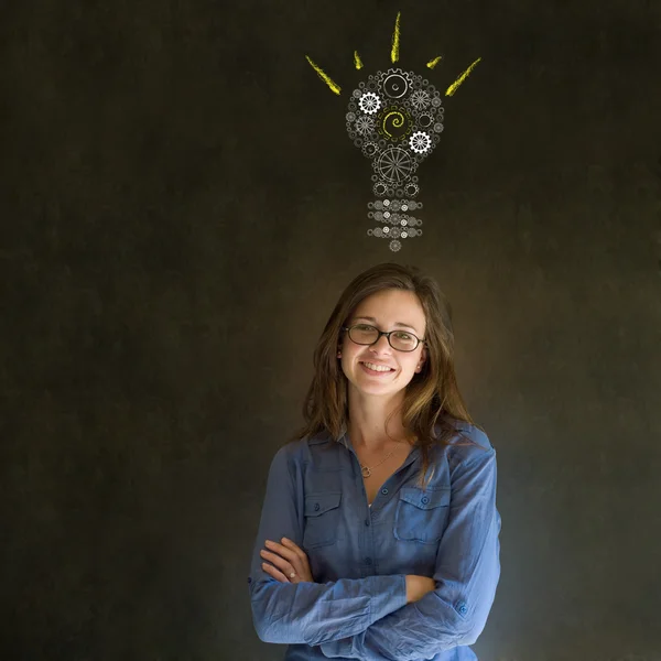Brilhante ideia engrenagem lâmpada mulher de negócios — Fotografia de Stock