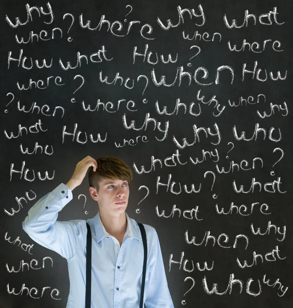 Thinking business man with chalk questions what why when where who and how — Stock Photo, Image