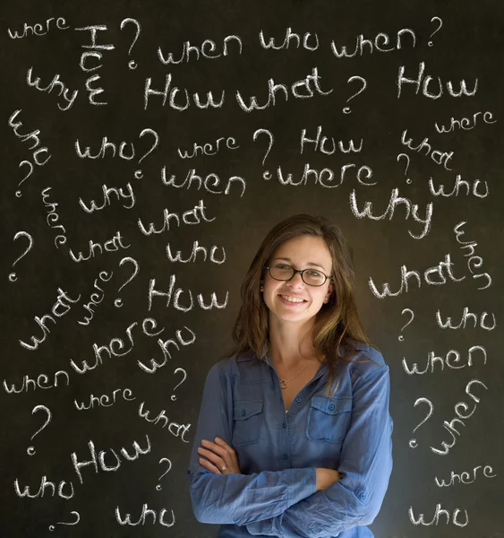 Thinking business woman with chalk questions — Stock Photo, Image
