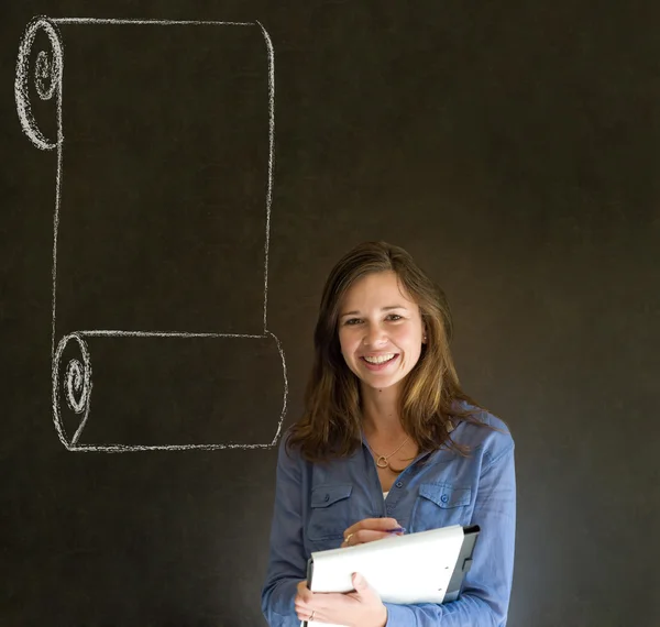 Vrouw, student of docent met menu scroll checklist — Stockfoto