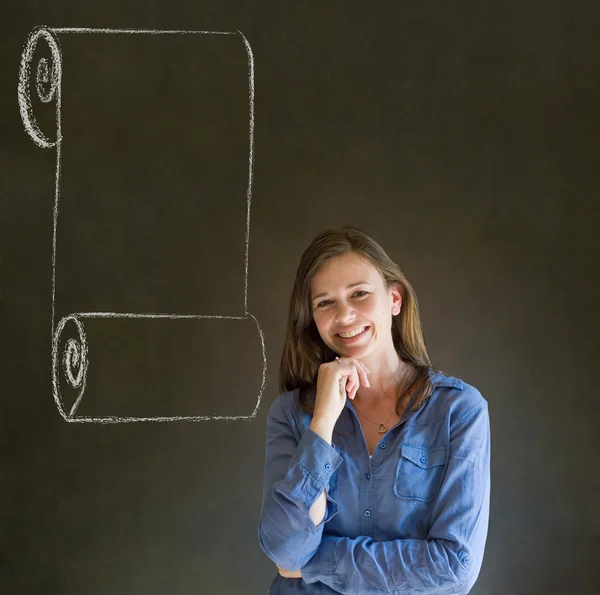 Frau, Schüler oder Lehrer mit Menü-Scroll Checkliste — Stockfoto
