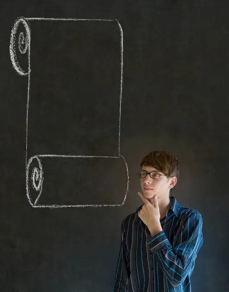 Man, student of docent met menu scroll checklist — Stockfoto