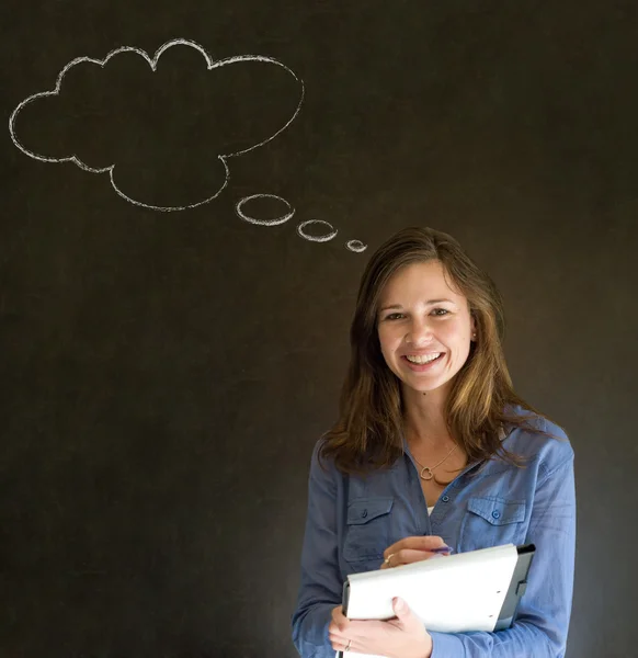 Vrouw met dacht dat denken krijt wolk — Stockfoto