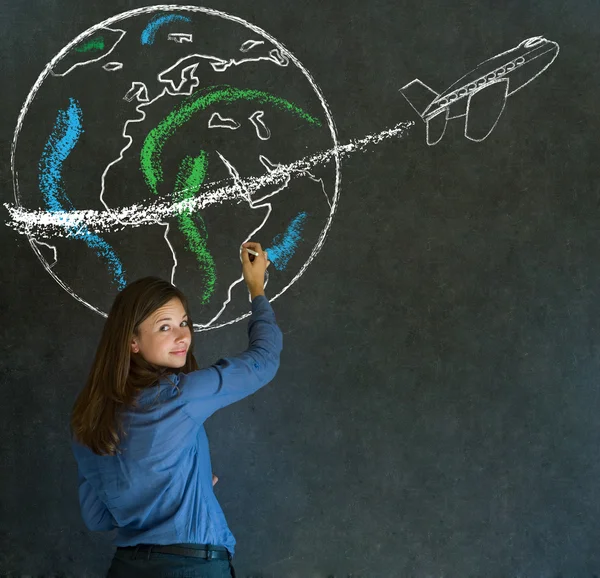Woman with chalk globe and jet world travel — Stock Photo, Image