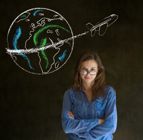 Woman with chalk globe and jet world travel — Stock Photo, Image