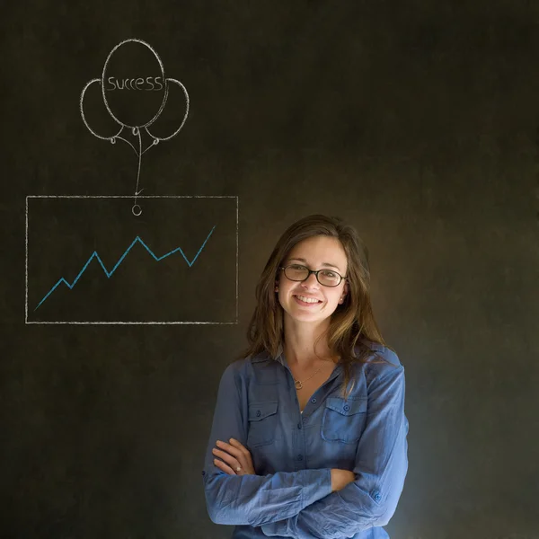 Woman, student or teacher with chalk success graph and balloon — Stock Photo, Image