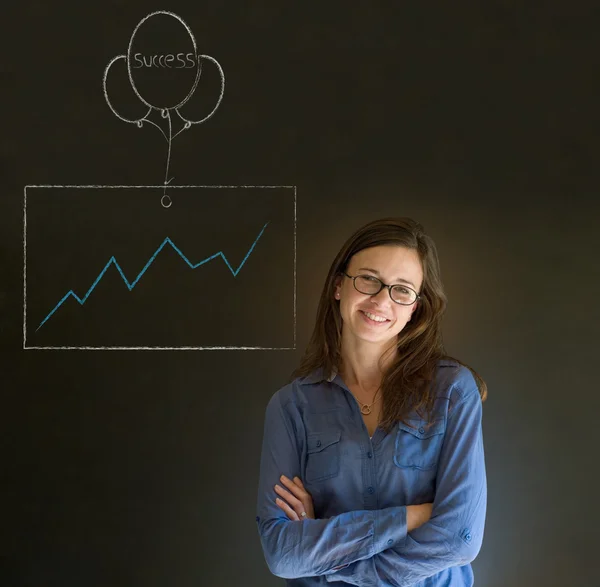 Donna, studente o insegnante con gesso grafico di successo e palloncino — Foto Stock