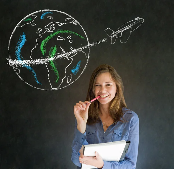 Femme avec globe de craie et jet world travel — Photo