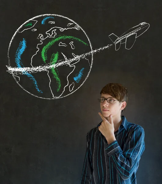 Man with chalk globe and jet world travel — Stock Photo, Image