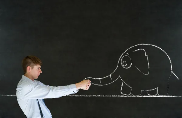 Man pulling on blackboard background elephant — Stock Photo, Image