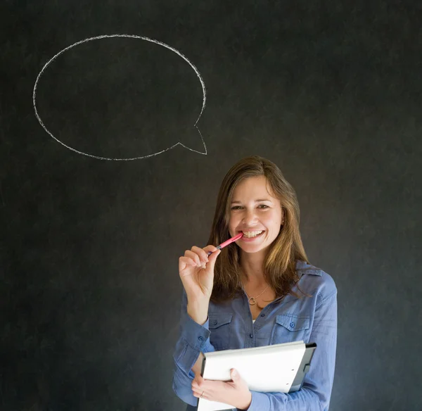 Woman with chalk speech bubble talk talking — Stock Photo, Image