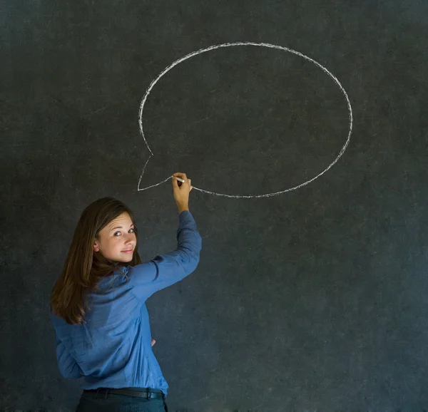 Woman with chalk speech bubble talk talking — Stock Photo, Image