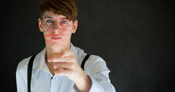 America needs you American flag on face man on blackboard background — Stock Photo, Image