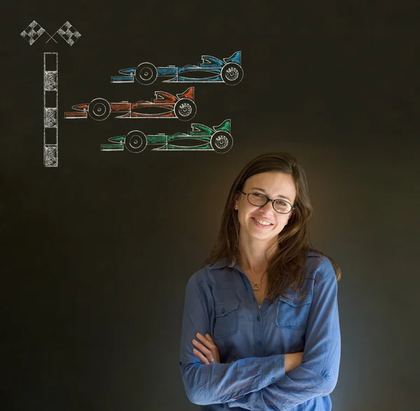 Business woman, student or teacher Formula 1 racing car fan on blackboard background — Stock Photo, Image