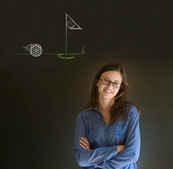 Mujer pensando en fondo pizarra de golf —  Fotos de Stock