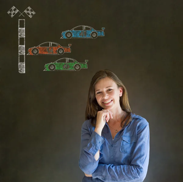 Geschäftsfrau nascar Rennwagen Fan auf Tafel Hintergrund — Stockfoto