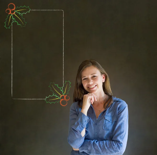 Woman, student or teacher with Christmas holly menu to do checklist — Stock Photo, Image