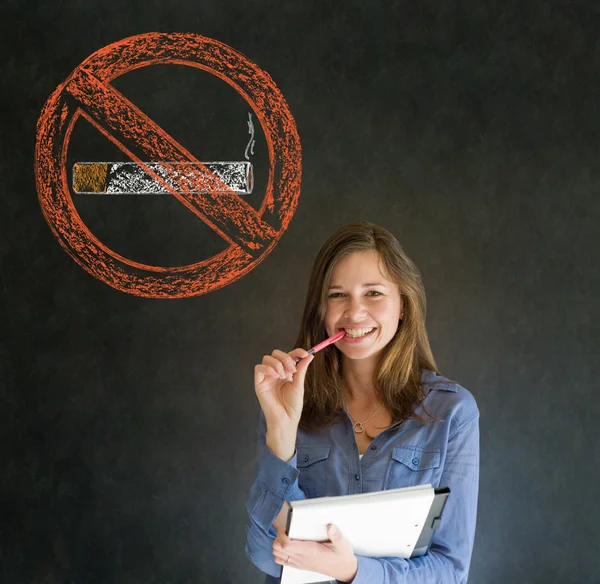 No smoking tobacco woman on blackboard background — Stockfoto