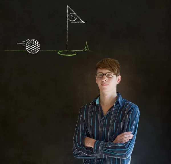 Man thinking of golf blackboard background — Stock Photo, Image