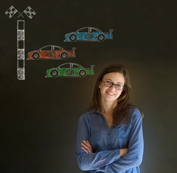 Business woman Nascar racing car fan on blackboard background — Stock Photo, Image