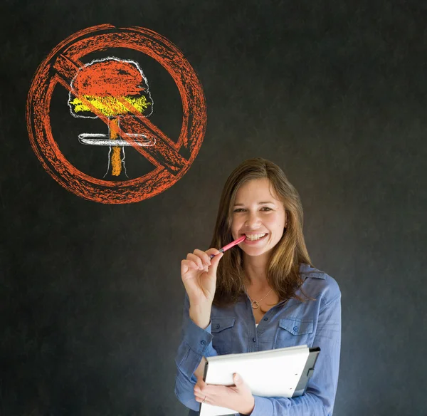No nuclear war pacifist business woman, student, teacher or politician on blackboard background — Stock Photo, Image