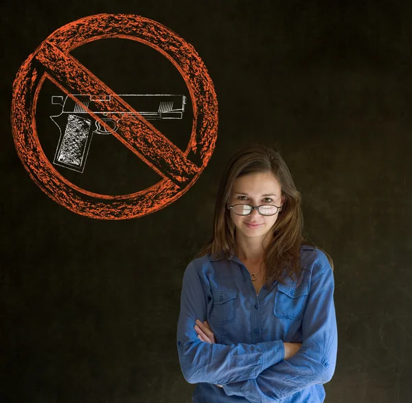 No guns pacifist business woman, student, teacher or politician on blackboard background — Stock Photo, Image