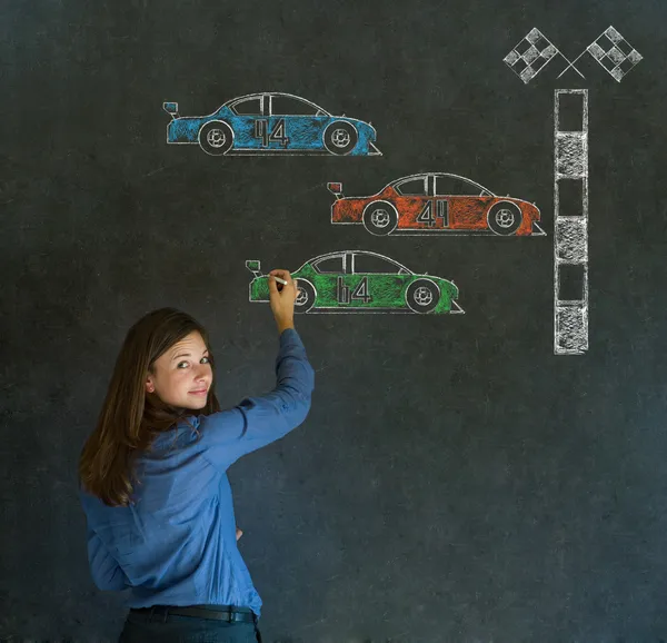 Business woman Nascar racing car fan on blackboard background — Stock Photo, Image