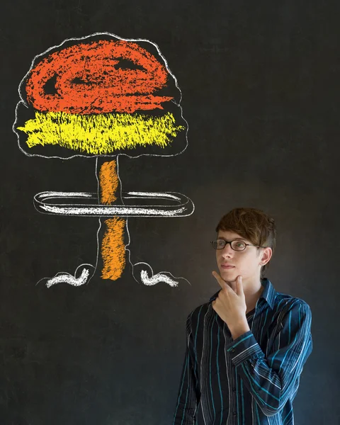 Man thinking chalk nuclear bomb cloud blackboard background — Stock Photo, Image