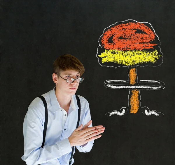 Evil or sneaky man thinking chalk nuclear bomb cloud blackboard background — Stock Photo, Image